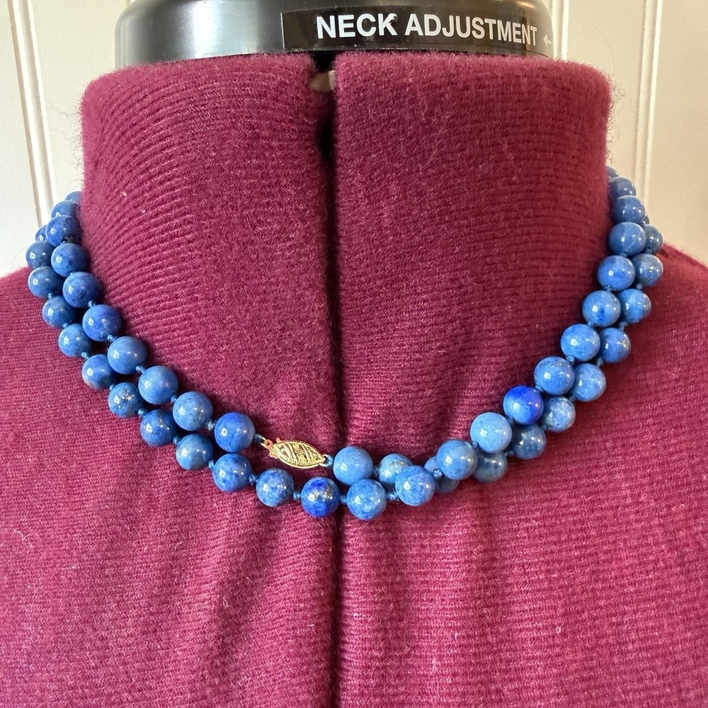 Vintage 14K Gold Clasp 8mm Blue Lapis Lazuli Beaded Necklace 34" - 69.6g